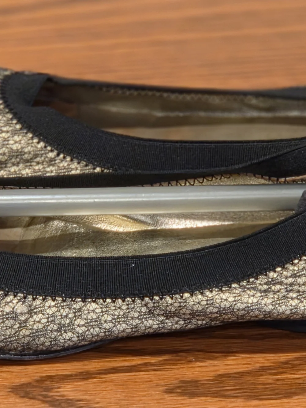 AUTHENTIC CHANEL Black and Gold SILK Metallic Ballet Flats